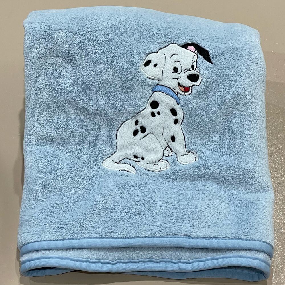 Vintage Disney 101 Dalmatians Blue Embroidered Plush Fleece Baby Blanket